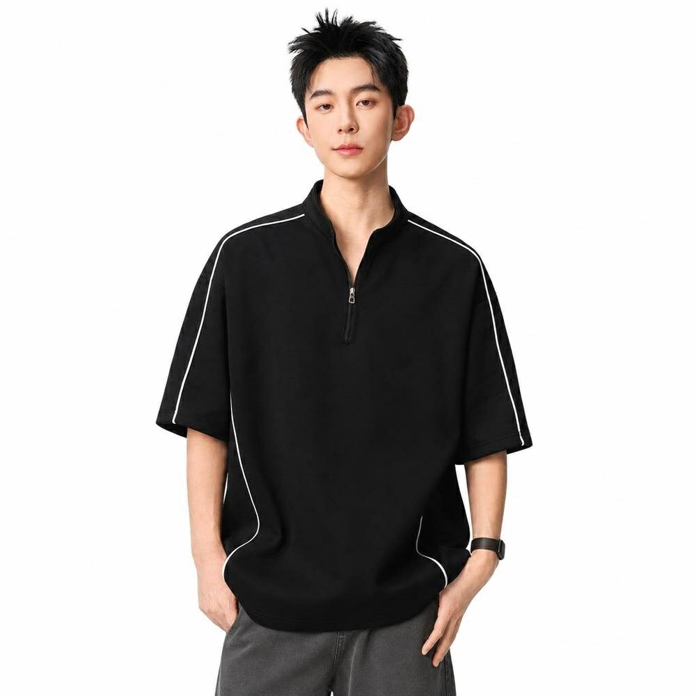 乐天商城 - 【ストリート感】 ハーフジップ Tシャツ メンズ 半袖 ゆったり プルオーバー スタンドカラー 立ち襟 五分袖 ビッグシルエット オーバーサイズ ライン入り カットソー トップス カジュアル チャック ジップアップ 夏服 春服 涼しい シワになりにくい 男女兼用
