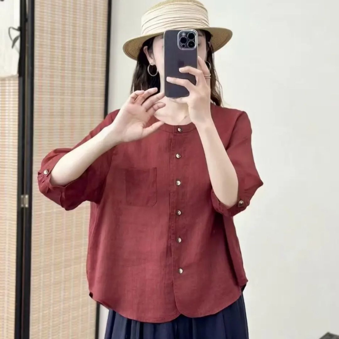 綿麻 ブラウス レディース 七分袖 バンドカラー シャツ トップス リネン混 ゆったり 前開き 羽織り 無地 カジュアル 春 夏 秋 ナチュラル おしゃれ 襟なし 涼しい 蒸れない 体型カバー 大きい