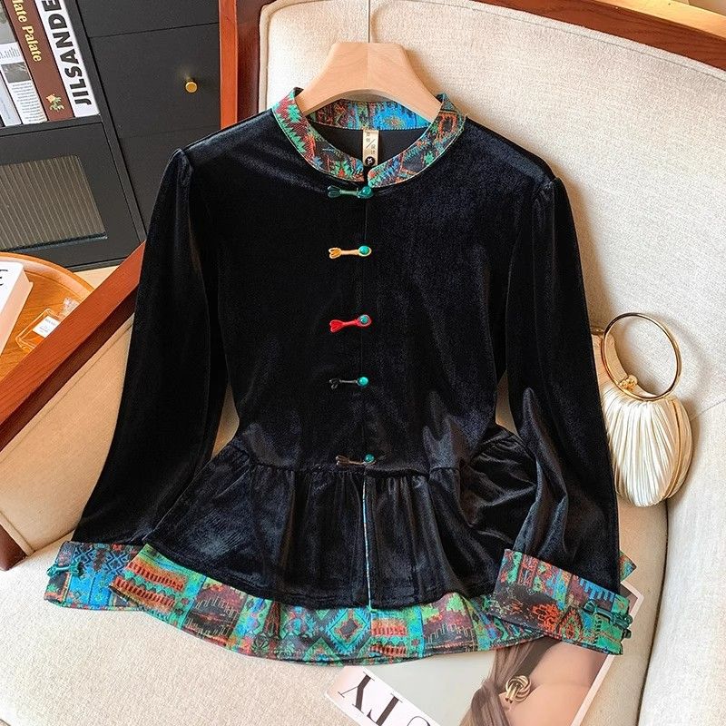ベルベット ブラウス レディース 長袖 チャイナ服 中華風 チャイナボタン トップス ペプラム 裾切り替え 光沢感 上品 レトロ 立ち襟 体..