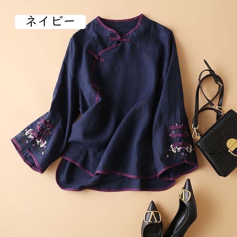 チャイナ服 レディース ブラウス 綿麻 長袖 刺繍 チャイナボタン スタンドカラー ゆったり トップス 春 秋 レトロ エスニック 大きいサイズ 30代 40代 50代 きれいめ 体系カバー リネン comsys-r-10008051 Nartooston サンプル画像3