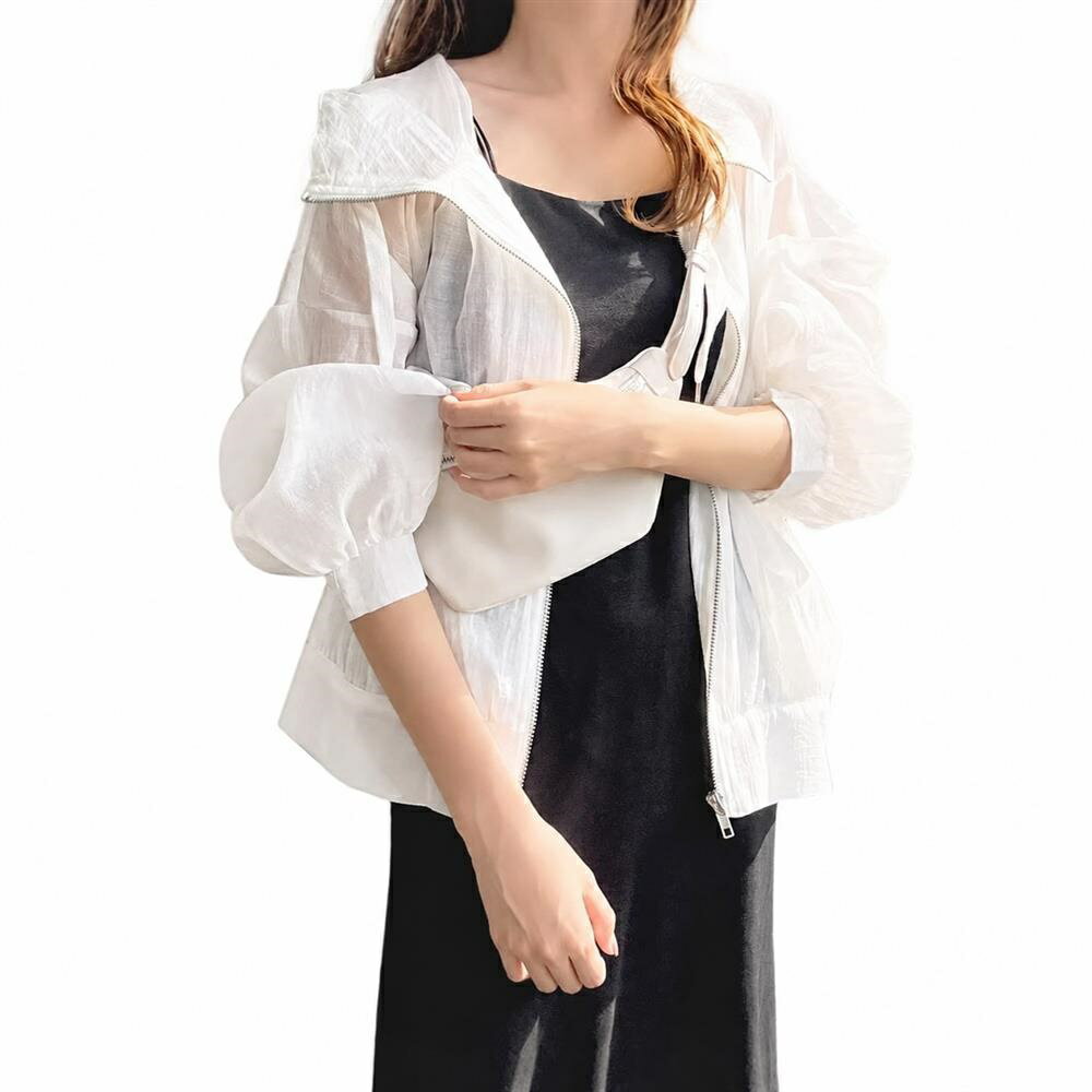【UV対策＆透け感】シアーパーカー レディース UVカット 接触冷感 ブルゾン ジップアップ ジャケット ライトアウター 羽織り カーディガン ラッシュガード フード付き ぽわん袖 ボリューム袖 バルーン袖 長袖 透け シースルー 涼しい 速乾 日焼け対策 冷房対策
