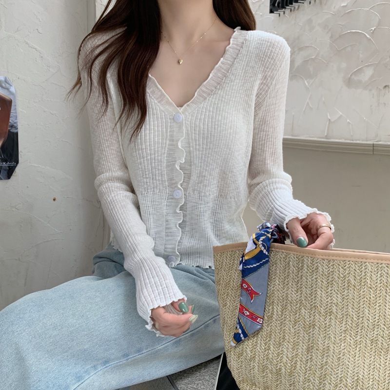 Three-Quarter Knit - カーディガン レディース 春夏 サマーニット Vネック メロウフリル 薄手 透け感 長袖 トップス 冷房対策 紫外線対策 羽織り おしゃれ きれいめ カジュアル 無地 ショート丈