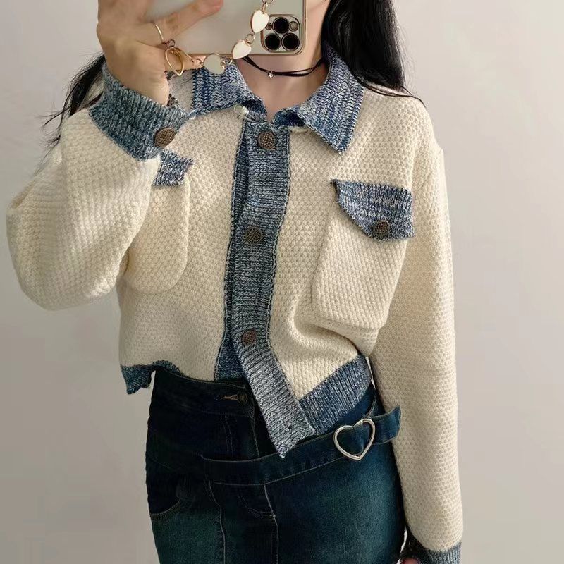 襟付き ニット カーディガン レディース バイカラー 配色 切り替え 長袖 ショート丈 おしゃれ きれいめ カジュアル レトロ 前開き トップス 春 秋 羽織り 鹿の子編み 柔らかい オフィス 通勤