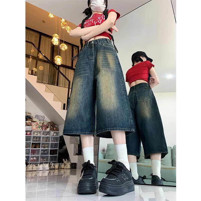 乐天商城 - デニムショートパンツ ハーフパンツ レディース ハイウエスト ワイドパンツ キュロット ヴィンテージ ガウチョパンツ カジュアル ストリート レトロ 美脚 脚長 ゆったり 通学 お出かけ 無地 春夏秋