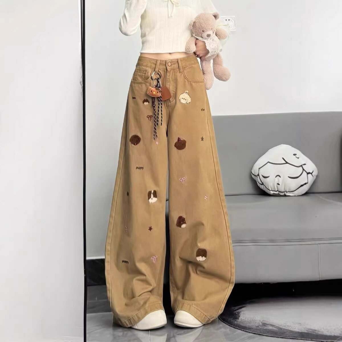 樂天商城 - デニムパンツ レディース ワイドパンツ 刺繍 ジーンズ ハイウエスト ゆったり ボトムス ロングパンツ ストレート カジュアル ズボン 美脚 体型カバー 通学 可愛い ワークパンツ アメカジ 春 夏