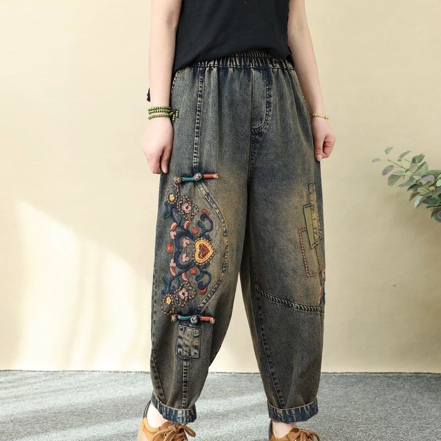 デニムパンツ レディース 刺繍 民族風 ジーンズ サルエルパンツ 花柄 パッチワーク ゆったり 9分丈 ウエストゴム 大きいサイズ ジーパン バルーンパンツ レトロ カジュアル 体型カバー 綿 ボトム