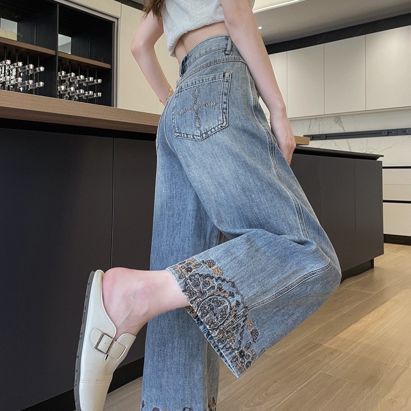 Rakuten - ワイドパンツ デニム レディース ハイウエスト 裾刺繍 ジーンズ ゆったり ストレート カジュアル 体型カバー ロングパンツ 脚長効果 おしゃれ 個性的 ボトムス ヴィンテージ風 ジーパン ポケット刺