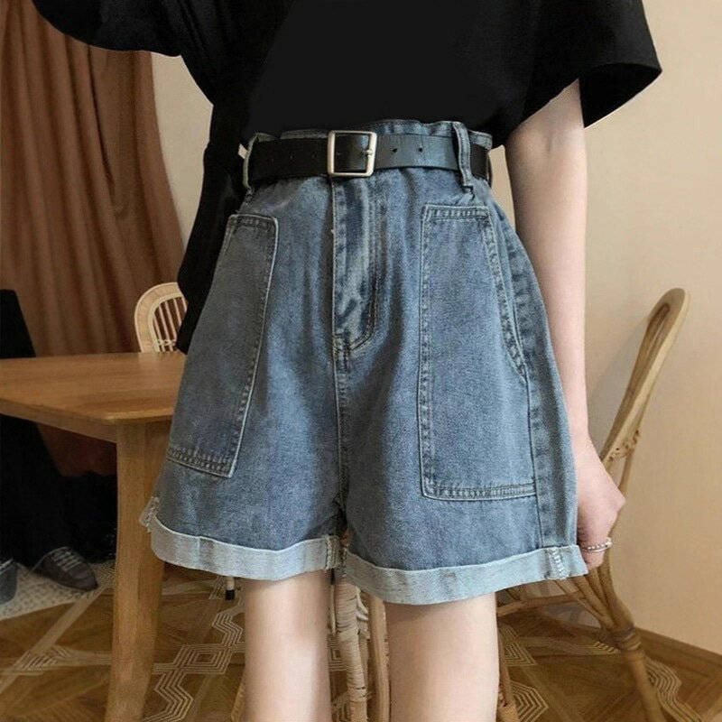 乐天商城 - デニムショートパンツ レディース 短パン ハイウエスト Aライン ゆったり ロールアップ 美脚 足長効果 着痩せ ホットパンツ ハーフパンツ カジュアル ワークパンツ風 デカポケット ボトムス 春 夏