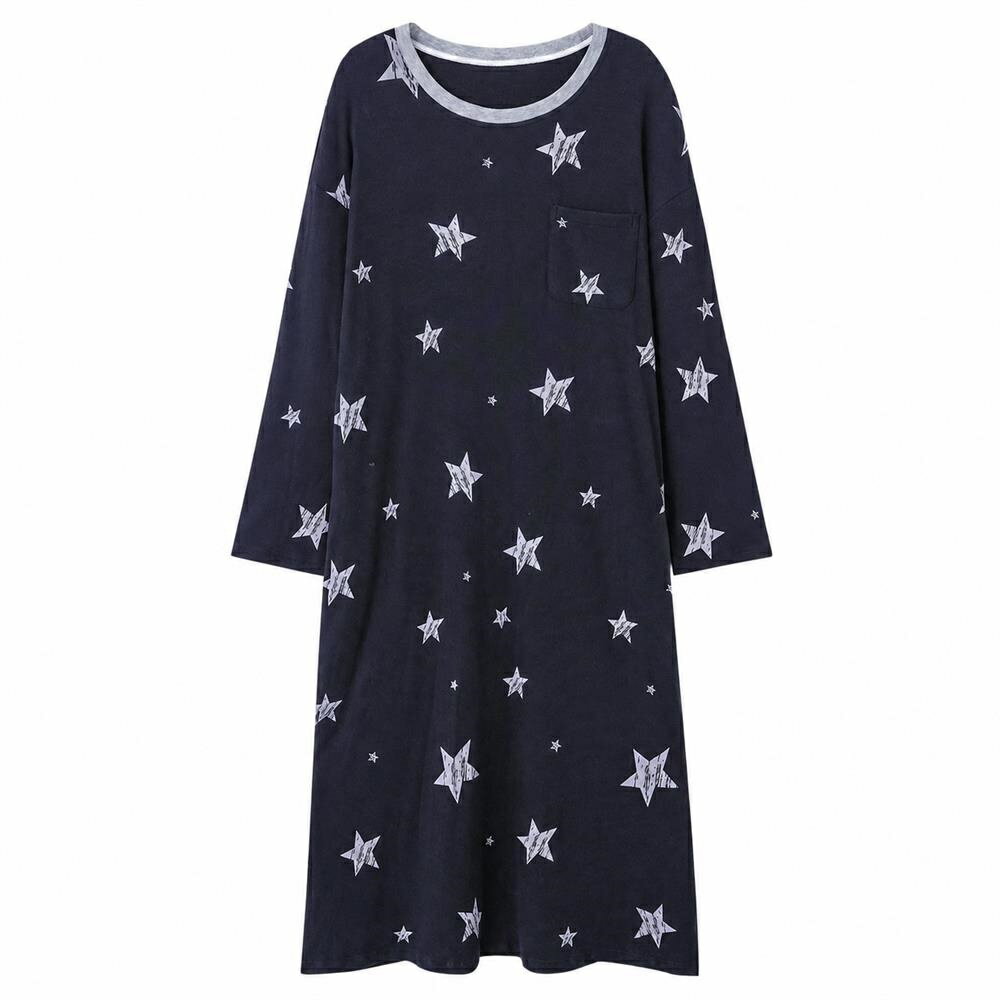 Negligees - 【星柄デザイン】 パジャマ ワンピース ネグリジェ ルームウェア レディース 長袖 ロング丈 部屋着 寝巻き ナイトウェア コットン 綿混 柔らかい 肌に優しい ゆったり 体型カバー クルーネック 丸首 ポケット付き 大人可愛い 楽ちん 20代 30代 40代 50代 春 秋 冬 旅行