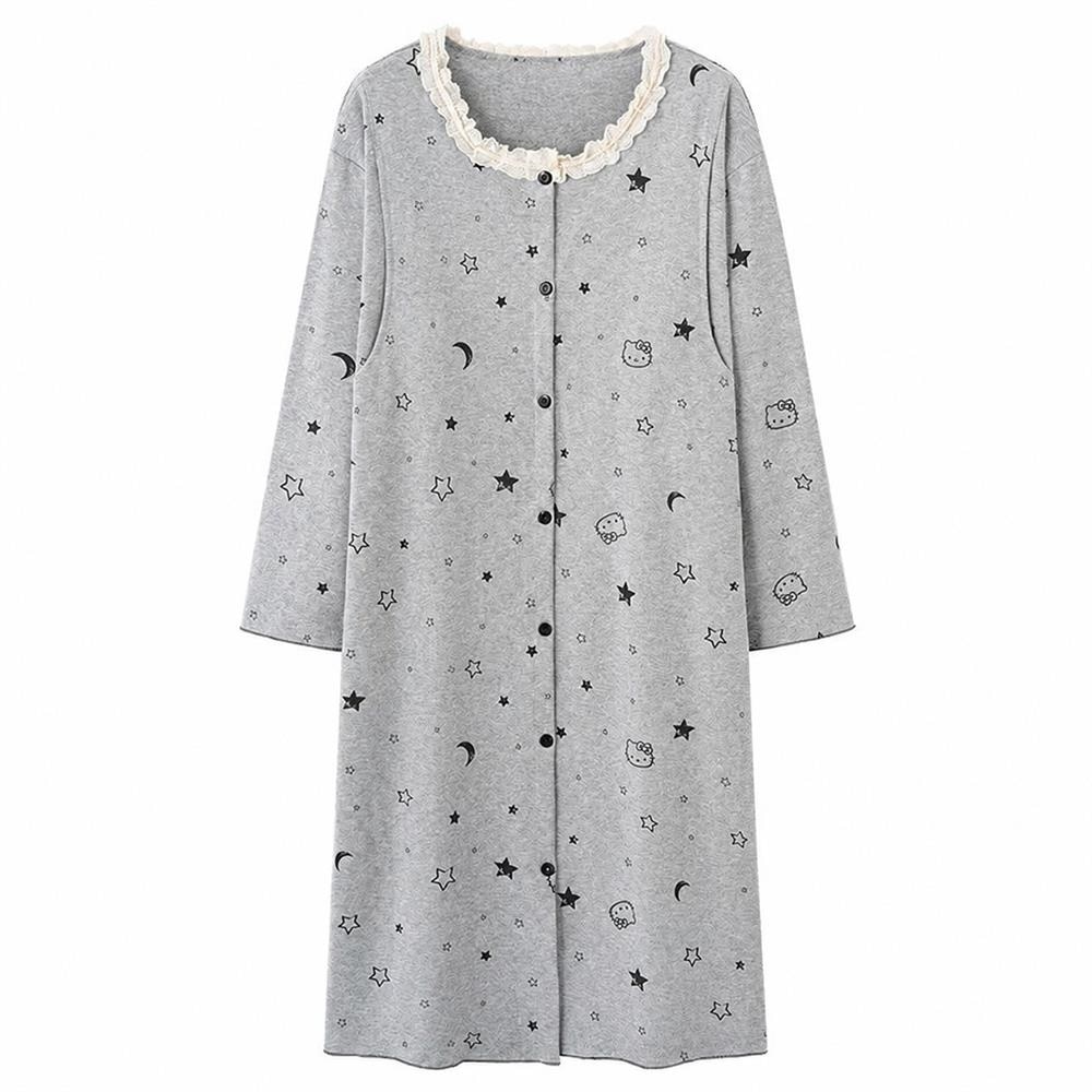 Negligees - 【入院準備に】 授乳パジャマ マタニティ パジャマ 前開き 長袖 綿 カップ付き ネグリジェ 授乳服 ワンピース ワンピ ルームウェア 部屋着 産前 産後 マタニティウェア ロング丈 春 秋 冬 ナイトウェア 妊婦 臨月 総柄 可愛い 星柄 襟レース 柔らかい 肌に優しい