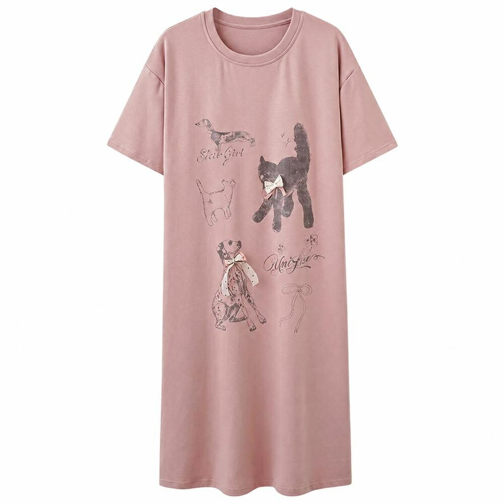 Negligees - 【接触冷感】カップ付き ルームウェア レディース パジャマ ワンピース 半袖 綿混 部屋着 猫 犬 ブラトップ 寝巻き ロング ゆったり 体型カバー 着痩せ 楽ちん 涼しい ひんやり 春夏 夏用 吸汗 速乾 大人可愛い マタニティ 授乳 産前 産後 入院