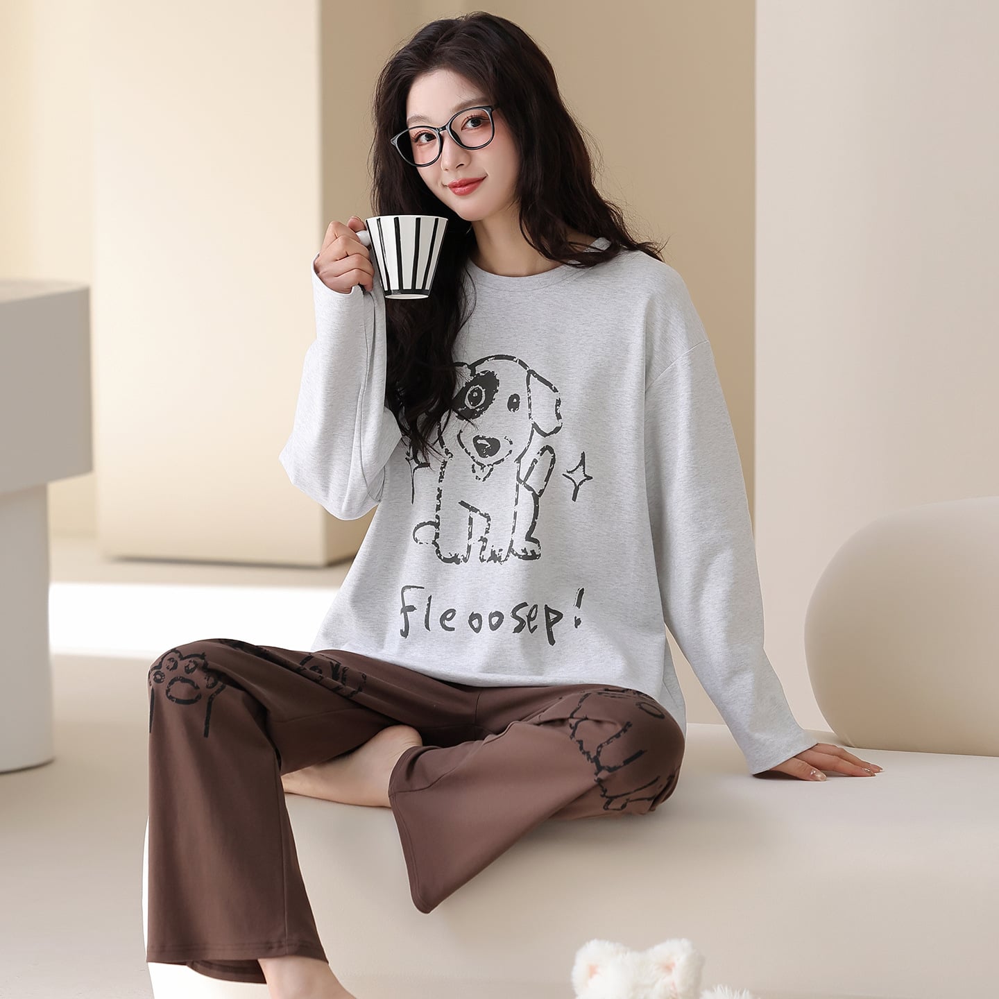 Rakuten - パジャマ レディース ルームウェア 上下セット 綿 長袖 ロングパンツ 犬柄 かわいい 部屋着 寝巻き 柔らかい 肌に優しい 春 秋 冬 クルーネック セットアップ 婦人服