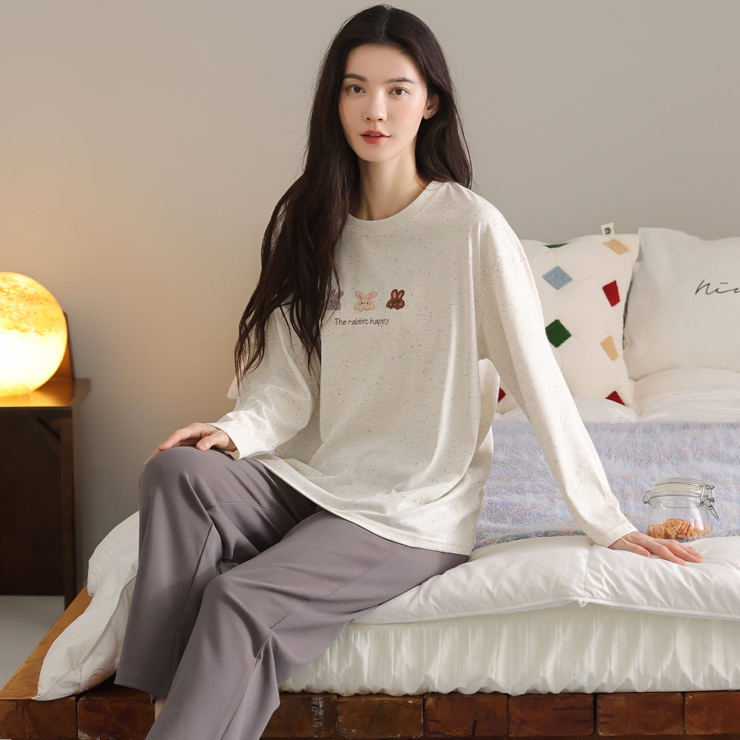 Room Wear - パジャマ レディース 綿 カップ付き 長袖 長ズボン 上下セット 柔らかい 肌に優しい ルームウェア 寝巻き 部屋着 春 秋 可愛い シンプル ナイトウェア