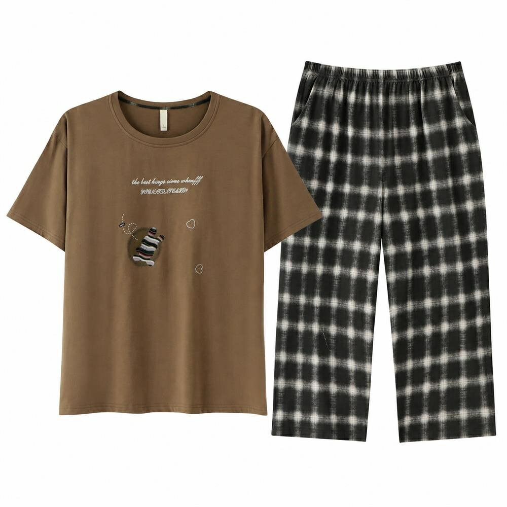Women - 【カップ付き】パジャマレディースルームウェア上下セット半袖チェック柄七分丈パンツ部屋着セットアップ寝巻き綿コットン蒸れない通気性柔らかいゆったり体型カバー着痩せおうち時間リラックスウェアホームウェア春夏カジュアルナチュラル大人ブラウン茶色ブラック黒