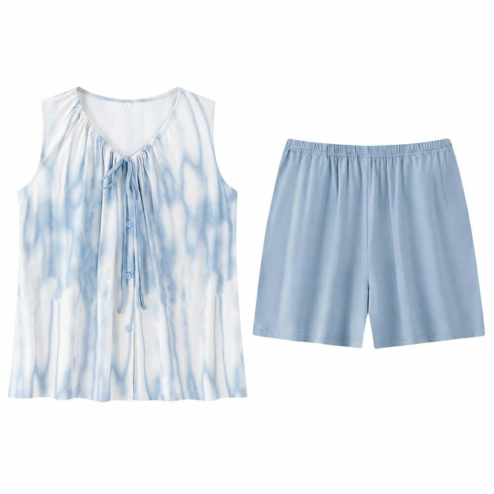 乐天商城 - 【接触冷感】パジャマ レディース ルームウェア 上下セット 夏 ノースリーブ タンクトップ ショートパンツ 短パン 前開き 部屋着 寝巻き セットアップ ナイトウェア テンセルタッチ さらさら 涼しい 通気性 吸汗 速乾 マーブル タイダイ リボン ウエストゴム 楽ちん