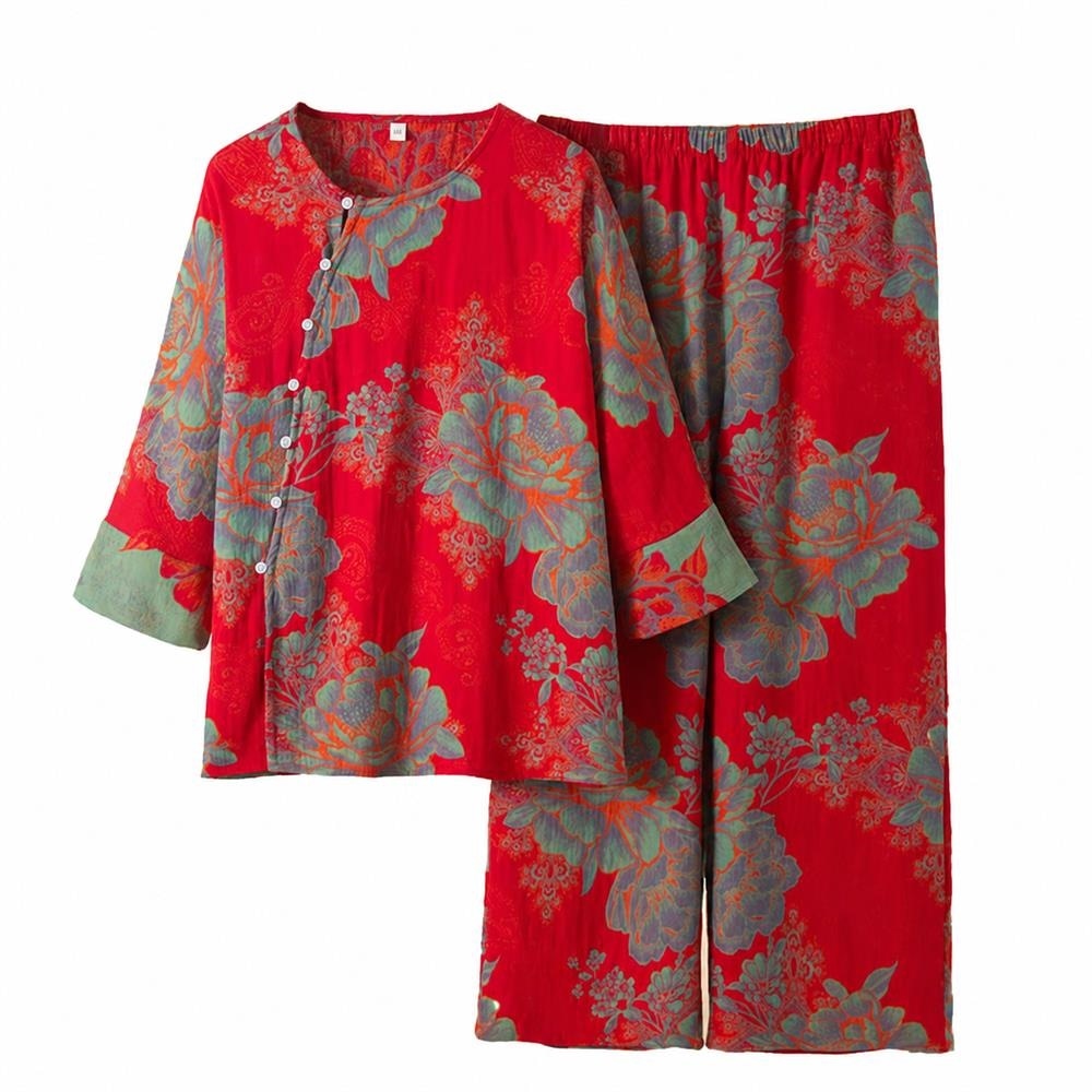 乐天商城 - 【レトロ花柄】パジャマ レディース ルームウェア セットアップ 上下セット 部屋着 寝巻き ナイトウェア チャイナ風 前開き ワイドパンツ 総柄 花柄 楽ちん 柔らかい ゆったり 体型カバー リラックスウェア 7分袖 春 秋 冬 コットンタッチ 大人可愛い 着痩せ 快適 休日