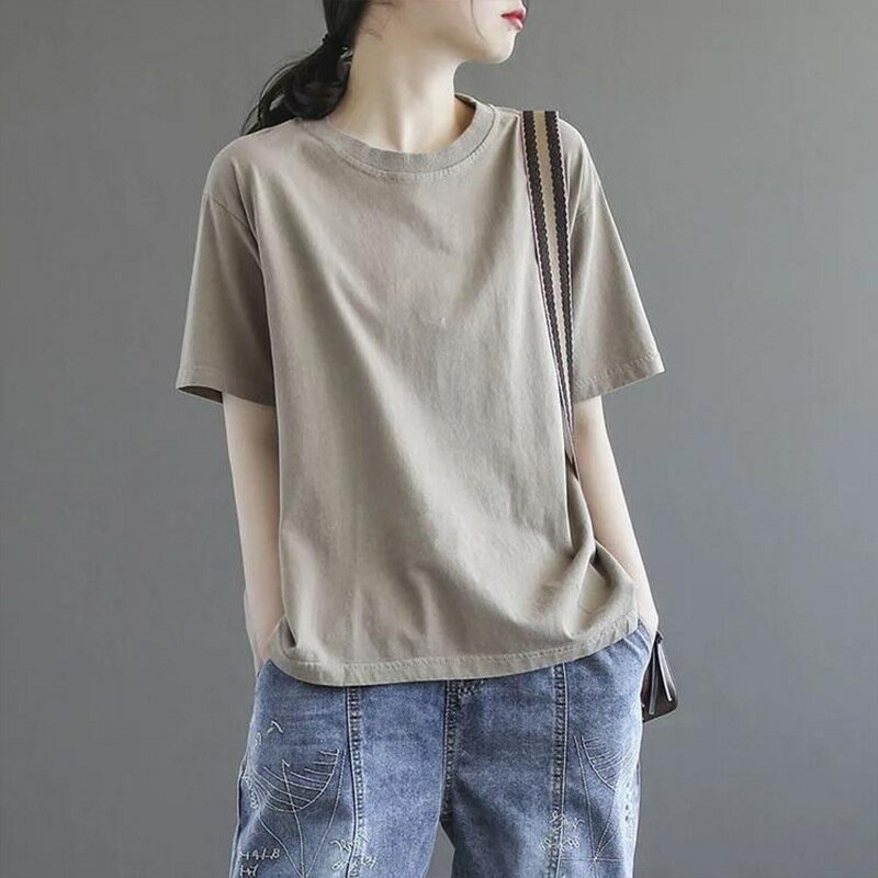 シャツ レディース 半袖 無地 綿 カットソー クルーネック ゆったり トップス カジュアル 夏服 体型カバー おしゃれ ビッグシルエット ティーシャツ シンプル コットン 柔らかい 通気性 快適 普(4.0)
