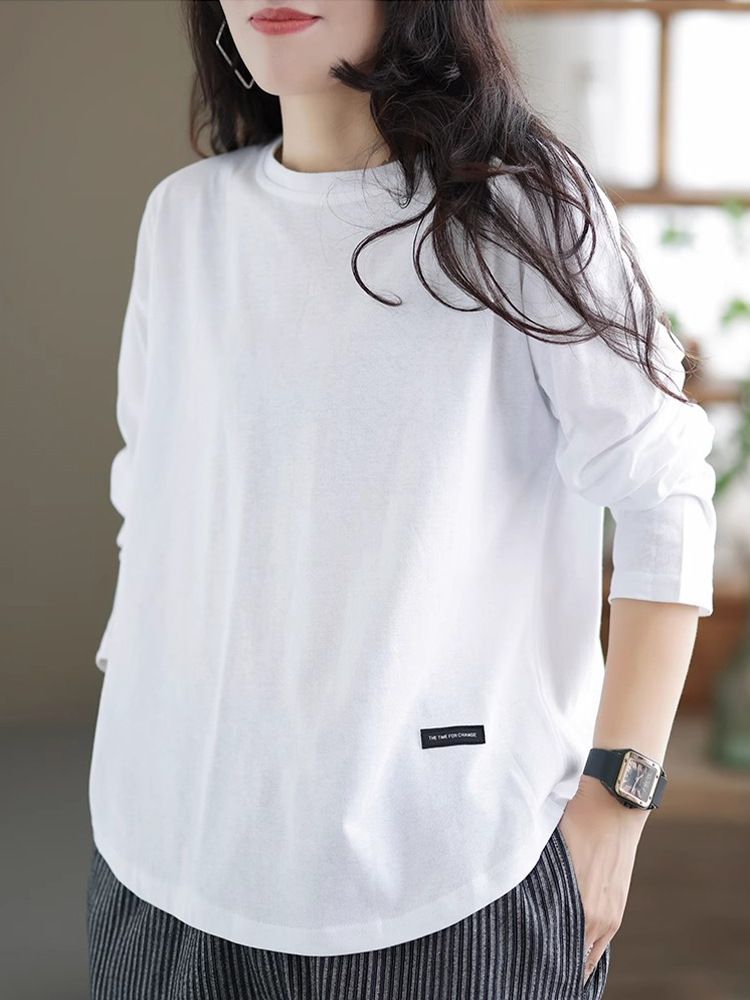 Rakuten - ロンT レディース 長袖 Tシャツ カットソー オーバーサイズ トップス 無地 クルーネック 綿混 ゆったり ドロップショルダー カジュアル 春 秋 冬