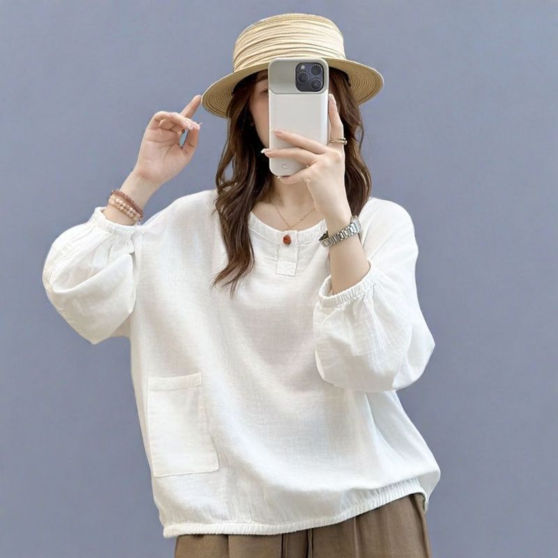 Other - 綿麻 ブラウス レディース 長袖 ゆったり シャツ トップス 無地 ぽわん袖 涼しい 体型カバー 春 秋 カジュアル ナチュラル 丸襟 大きいサイズ 柔らかい 通気性 コットン ふんわり 通勤 30代