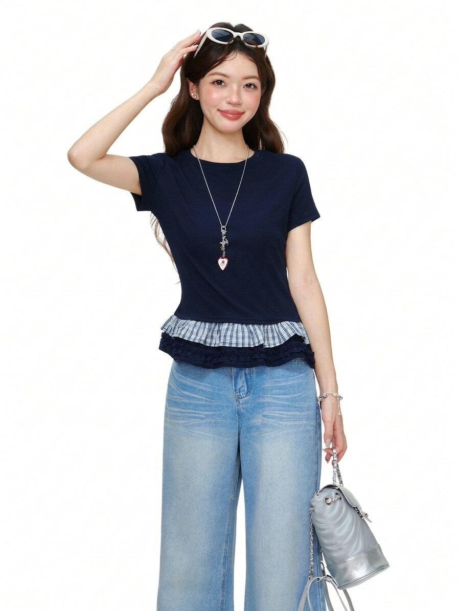Other - 【着痩せペプラム】Tシャツ レディース 半袖 ギンガムチェック 切り替え トップス カットソー クルーネック 丸首 チュニック ドッキング フリル 裾フリル 体型カバー 細見え お腹周り 楽ちん 涼しい 洗える 夏服 春夏 通勤 オフィス デート 大人可愛い カジュアル