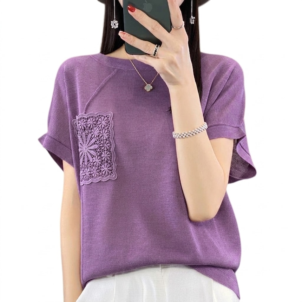 Rakuten - 【胸ポケットレース】サマーニット レディース トップス 半袖 クルーネック レース刺繍 プルオーバー カットソー 涼しい 薄手 無地 ニットソー フレンチスリーブ ゆったり 体型カバー 二の腕カバー 着痩せ 細見え 楽ちん 洗える オフィス 通勤 30代 40代 50代 普段使い