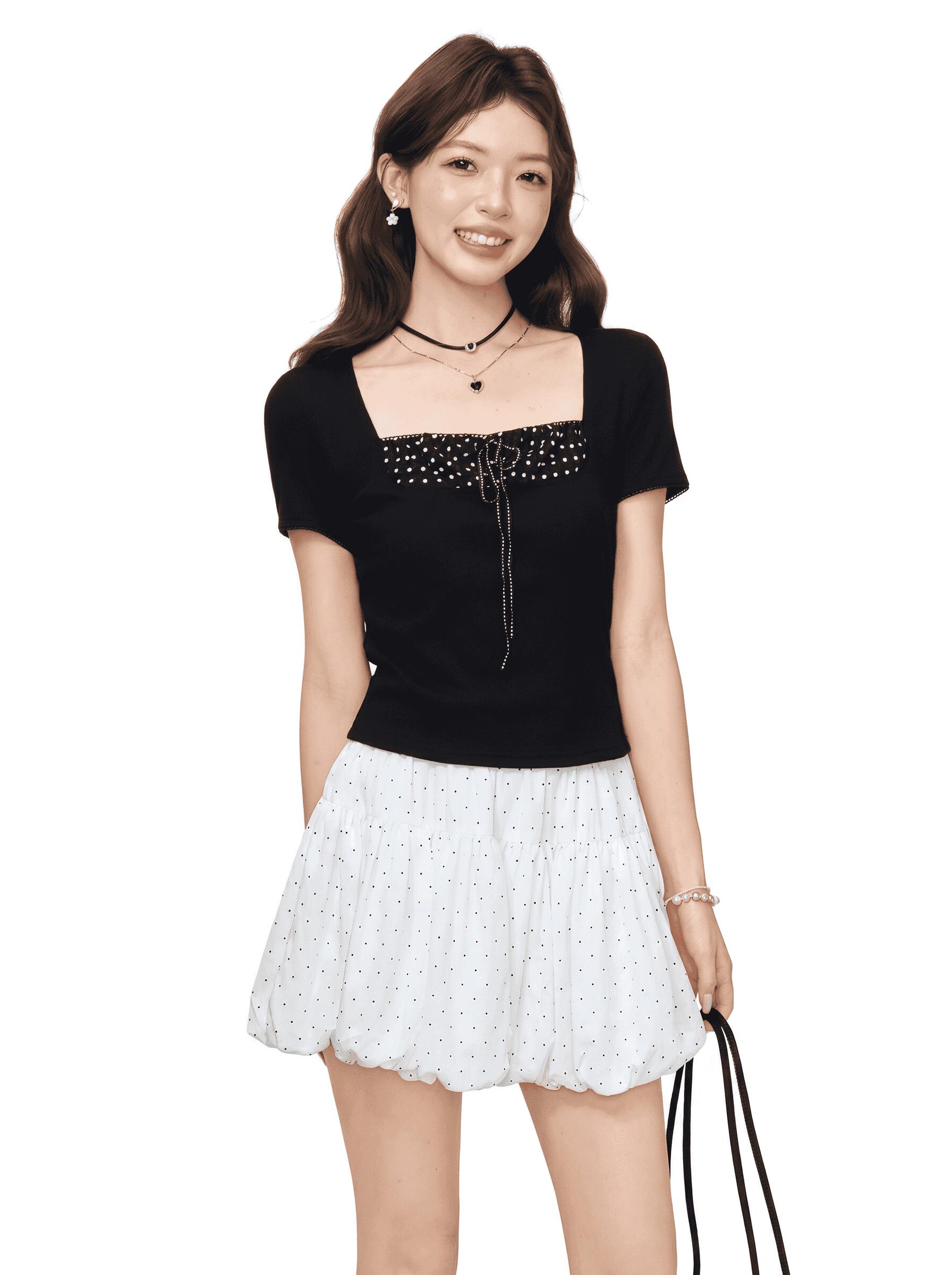 Three-Quarter - 【地雷系】カットソー レディース 半袖 スクエアネック ドット柄 リボン トップス tシャツ 水玉 フレンチガーリー 量産型 レトロ クラシック フェミニン タイト スリム 着痩せ 細見え 鎖骨見え ストレッチ 伸縮性 夏服 春服 韓国 デート お出かけ 参戦服 ライブ