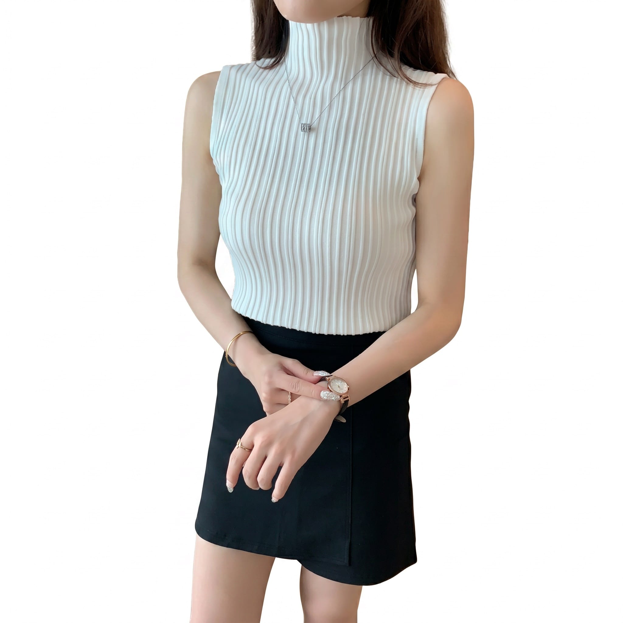 T-Shirts - 【小顔効果】ノースリーブ ニット ハイネック レディース リブニット モックネック サマーニット トップス タンク タンクトップ 袖なし ベスト プルオーバー インナー タイト スリム 細見え 着痩せ 体型カバー 伸縮性 ストレッチ 柔らかい オフィス 通勤 OL Iライン