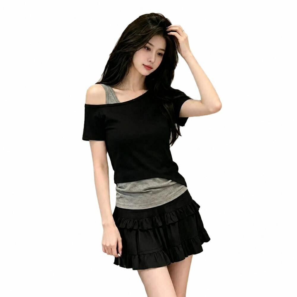 乐天商城 - 【レイヤード風】カットソー　レディース　半袖　Tシャツ　重ね着風　アシンメトリー　トップス　肩出し　オフショル　ワンショル　アシメ　ティーシャツ　プルオーバー　カットアウト　肌見せ　セクシー　カジュアル　韓国風　大人可愛い　着痩せ　細見え　華奢見え