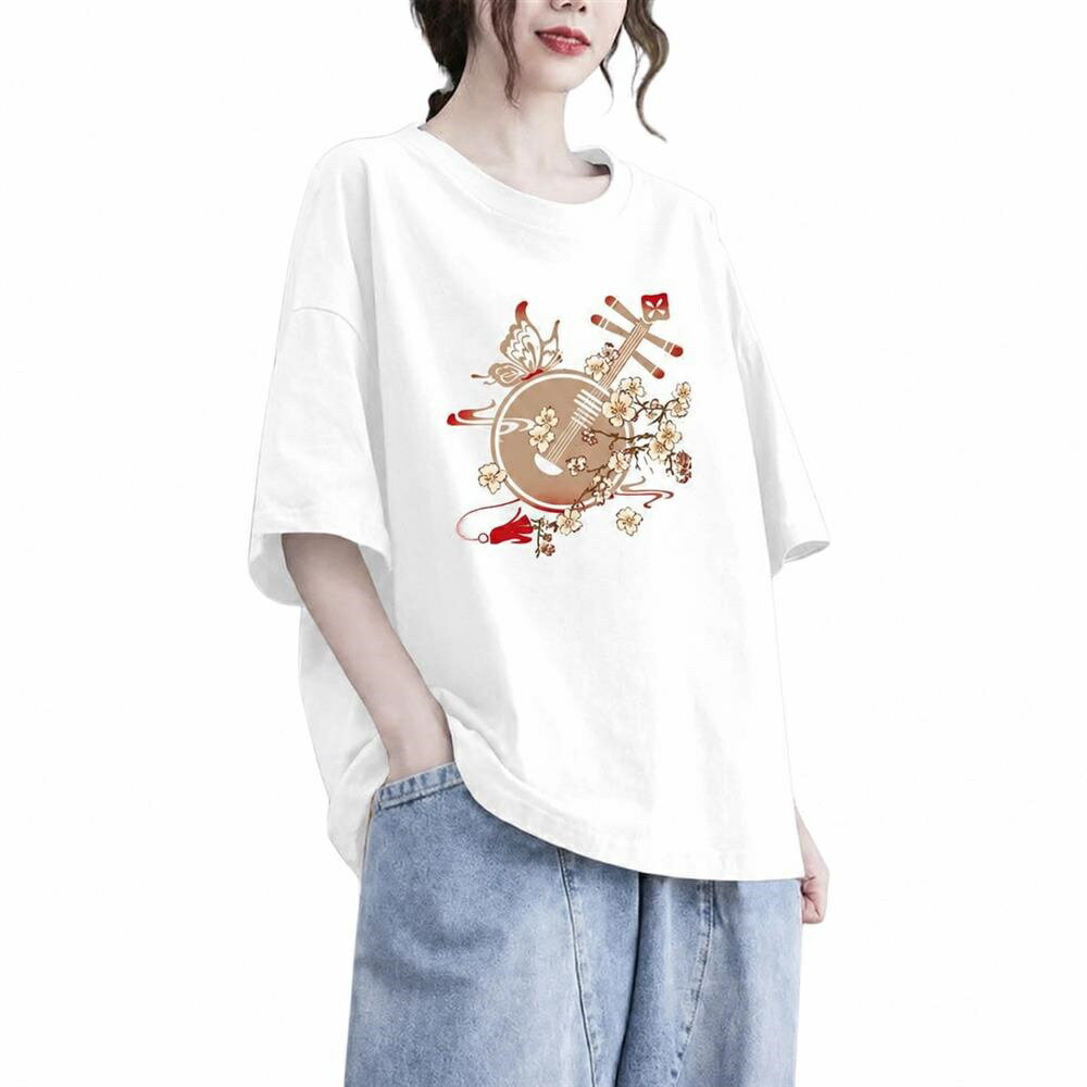 乐天商城 - 【チャイナ風】 Tシャツ レディース 半袖 五分袖 カットソー トップス ビッグシルエット ゆったり 大きいサイズ 体型カバー 二の腕カバー 着痩せ お尻が隠れる 綿混 チャイナテイスト 和風 和柄 花柄 プリント クルーネック カジュアル 普段着 ミセス 40代 50代 60代