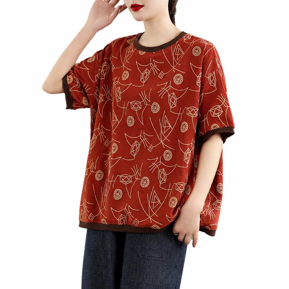乐天商城 - 【レトロアート】 Tシャツ レディース 半袖 カットソー プルオーバー トップス 総柄 幾何学柄 エスニック アジアン 切り替え 配色 クルーネック 丸首 5分袖 ゆったり 大きいサイズ 体型カバー 二の腕カバー 着痩せ 楽ちん 涼しい 綿混 春 夏