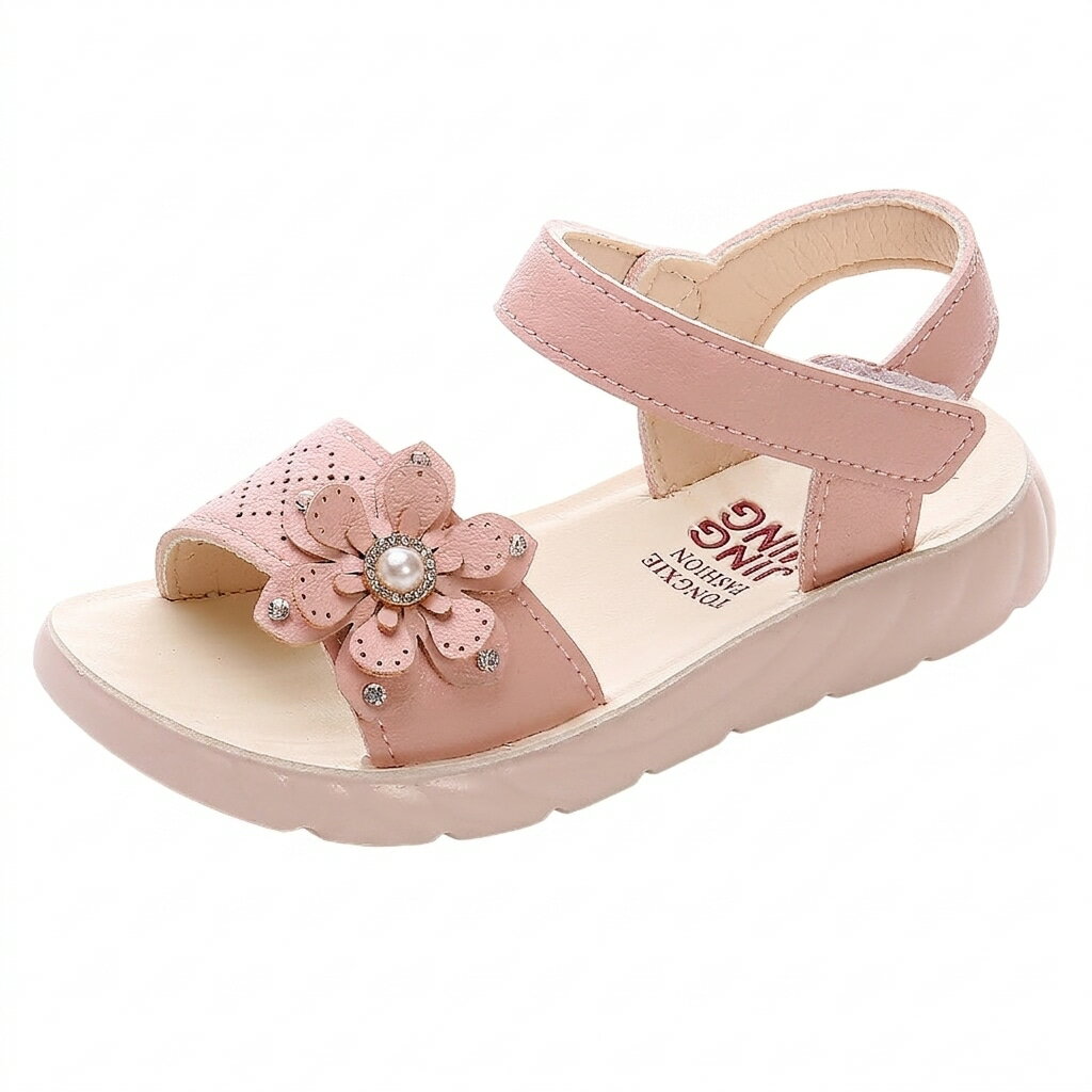 Shoes - 【お花モチーフ】サンダル 女の子 キッズ 子供靴 パール ビジュー ストラップ ガールズ ジュニア 子ども こども ビーチサンダル 面ファスナー 履きやすい 脱ぎ履き楽々 痛くない 柔らかい 軽量 滑り止め 蒸れない 通気性 夏 お出かけ 発表会 結婚式 フォーマル 七五三