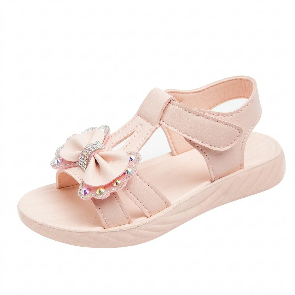 【プリンセス】 キッズ サンダル 女の子 子供靴 リボン ビジュー キラキラ ジュニア 可愛い ストラップサンダル 面ファスナー 着脱簡単 履きやすい 柔らかい 軽量 屈曲性 滑り止め レザー調 発表会 結婚式 お呼ばれ 普段履き 夏休み お出かけ ビーチ 海 公園 遠足