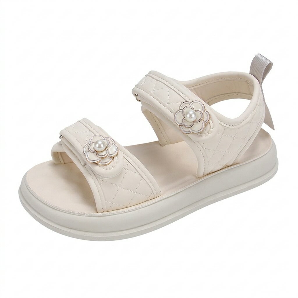 Shoes - 【花飾り＆パール】キッズサンダル 女の子 子供 子ども 厚底サンダル スポサン キルティング リボン 面ファスナー 脱ぎ履き楽々 軽量 柔らかい 履きやすい歩きやすい痛くない疲れにくい 可愛いお洒落ガーリー 発表会 結婚式 お出かけ 通学 通園 夏 旅行 海 ベージュ