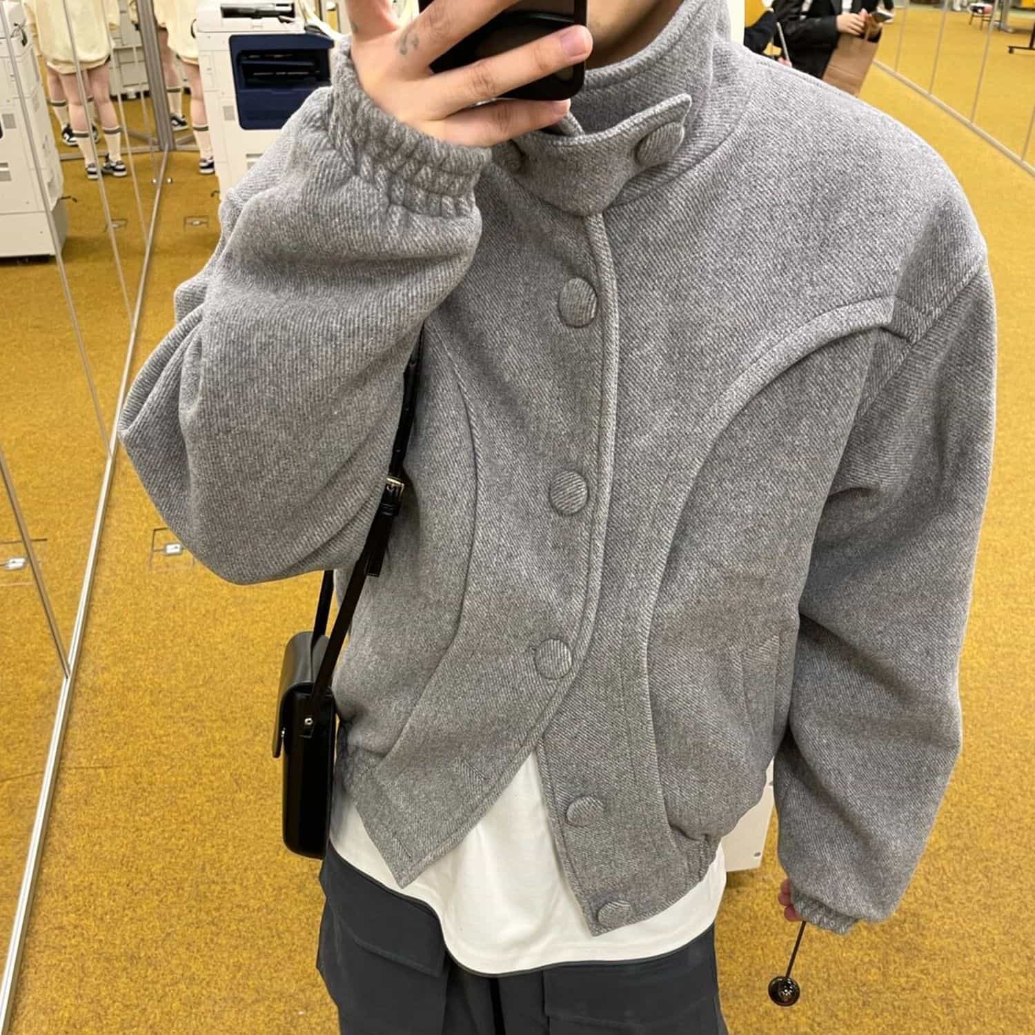 Coat - ジャケット メンズ ブルゾン スタンドカラー ハイネック ファッション オーバーサイズ 厚手 見え メルトン 暖か アウター 秋 冬