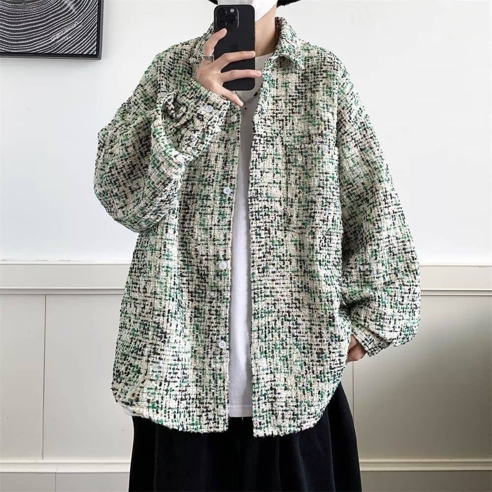 樂天商城 - ツイードシャツ メンズ 長袖 オーバーサイズ チェック柄 ビッグシルエット カジュアル シャツ 羽織り 秋 冬 厚手 ゆったり 暖かい ストリート トップス ざっくり編み シャツジャケット おしゃれ