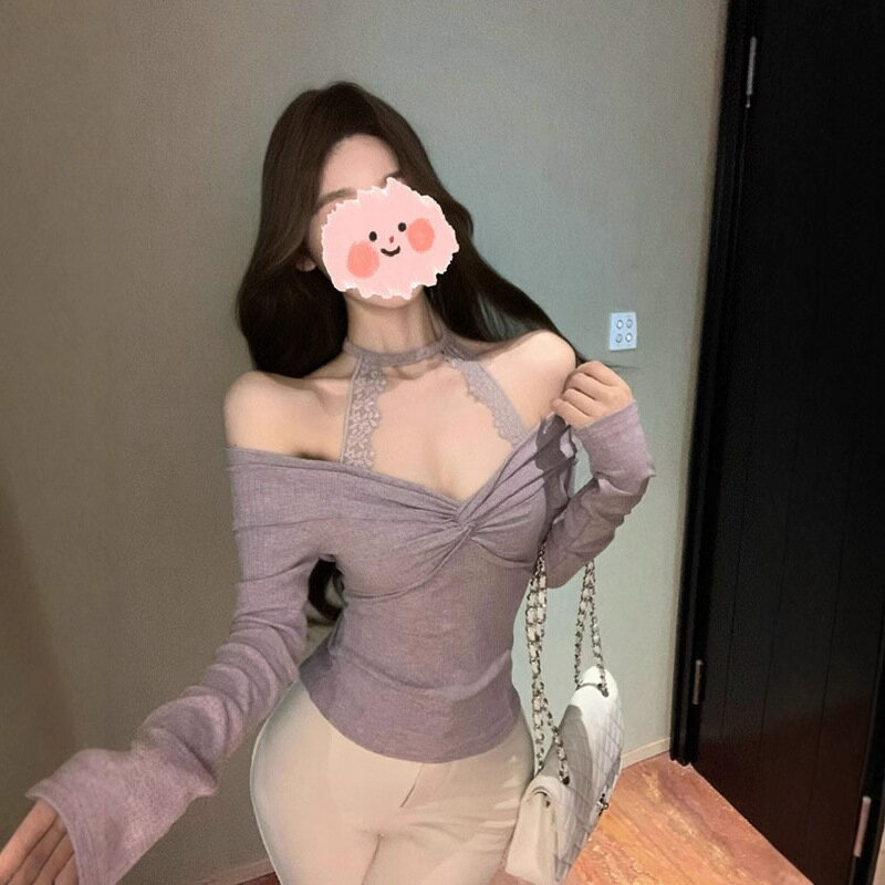 Rakuten - カットソー レディース オフショルダー レース ホルターネック 長袖 ニット トップス セクシー タイト リブ ツイスト 胸元 あき 綺麗め ファッション 秋 冬 大人 可愛い グレイッシュパープル