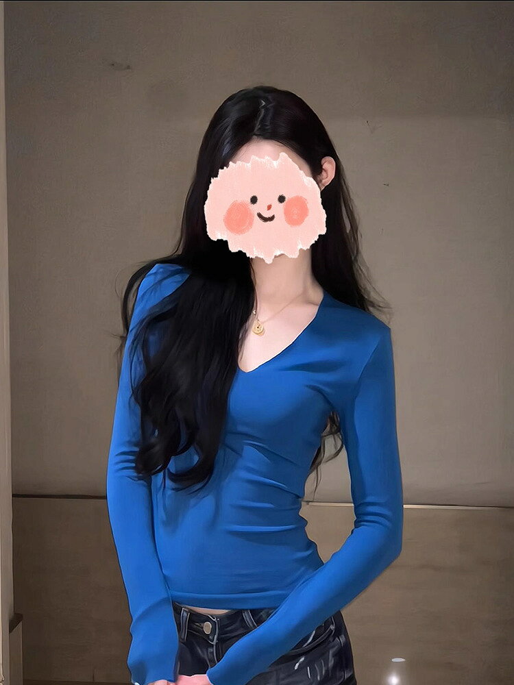 乐天商城 - ネック レディース トップス 長袖 カットソー サファイアブルー ブラウス 無地 タイト セクシー スリム 秋 冬 インナー シャツ ロンT シンプル カジュアル きれいめ おしゃれ チュニック プル