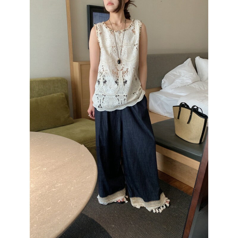 樂天商城 - セットアップ レディース 夏 上下セット レース トップス ノースリーブ ワイドパンツ デニム 刺繍 透け感 大人可愛い 森ガール カジュアル 2点セット アイボリー