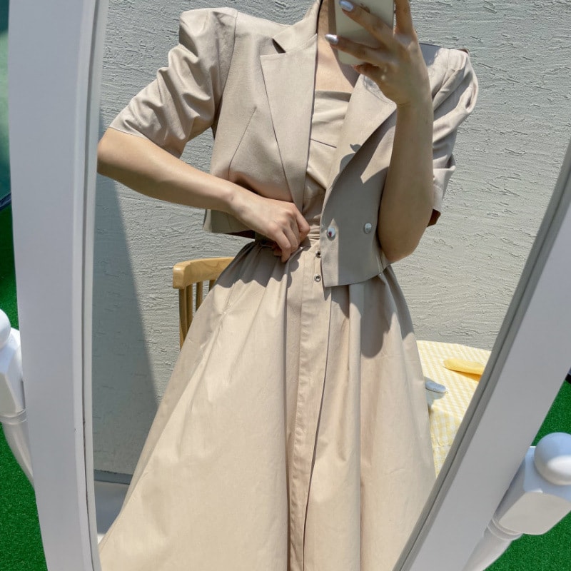 セットアップ レディース 2点セット 半袖ジャケット キャミワンピース ロング丈 春夏 きれいめ パフスリーブ クロップド丈 テーラードジャケット Aライン お呼ばれ 通勤 ベージュ