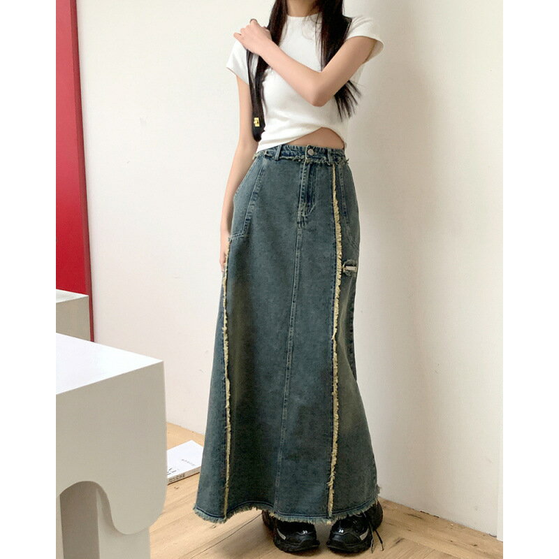 デニムスカート ロング レディース マキシ丈 ハイウエスト 切りっぱなし ヴィンテージ風 ファッション Aライン タイト ジーパン ロングスカート フリンジ ウォッシュ加工 着痩せ 足長 カジュアル