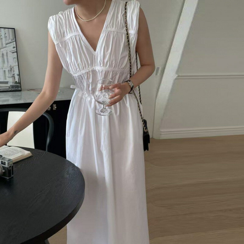 乐天商城 - ワンピース レディース 夏 ロング ノースリーブ Vネック きれいめ 大人 Aライン ウエストマーク バックシャン 背中あき バックリボン カジュアル 上品 清楚 旅行 リゾート お洒落 ゆったり 体