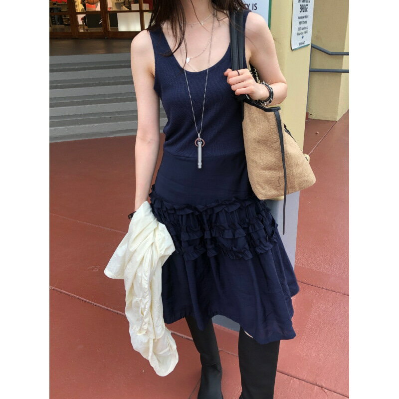 ワンピース レディース ティアード ワンピース 異素材 切替 リブニット フリル ロングワンピース ノースリーブ Uネック カジュアル 着..