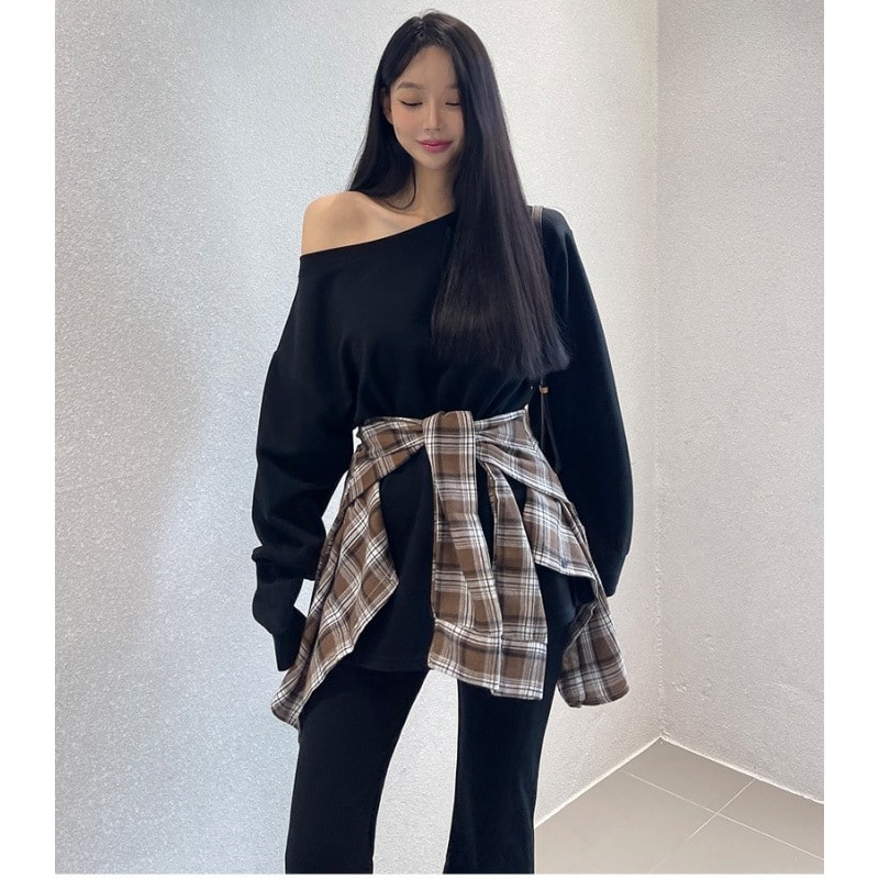 乐天商城 - セットアップ レディース 3点セット ファッション オフショル トップス チェック柄シャツ フレアパンツ ワンショル ブラウス ウエストゴム 美脚 カジュアル 部屋着 ブラック
