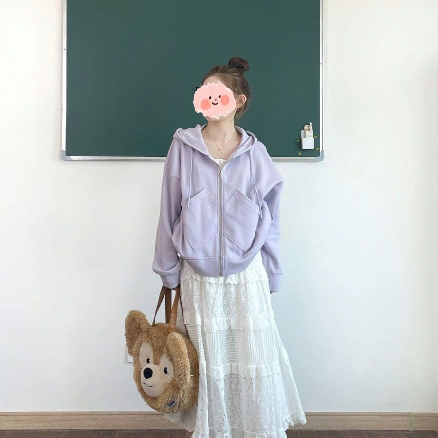 樂天商城 - パーカー レディース ジップアップ フード付き 長袖 ゆったり オーバーサイズ 森ガール スウェット 無地 カジュアル 羽織り 春 秋 トップス 大きいサイズ ラベンダー 紫