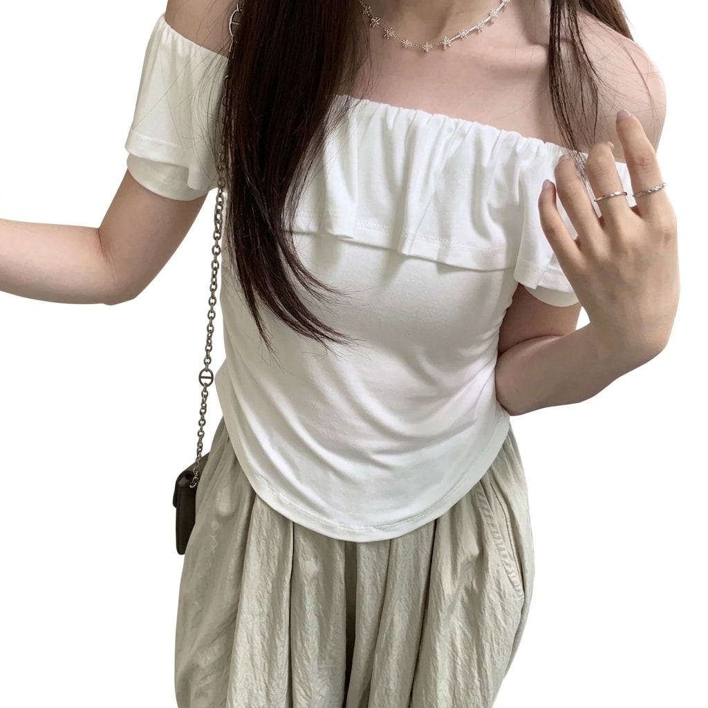 Rakuten - レディース トップス オフショルダー フリル Tシャツ 半袖 カットソー ? おしゃれ 可愛い 夏 カジュアル ブラウス シャーリング ボートネック フェミニン 柔らかい 着痩せ 普段着 デート 通学