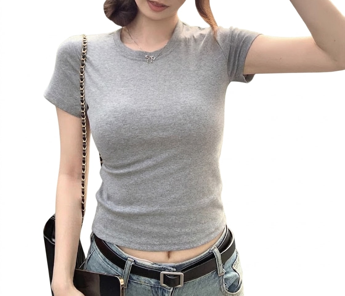 乐天商城 - シャツ 半袖 レディース クルーネック タイト ショート丈 へそ出し スリム フィット カジュアル 夏服 ストリート おしゃれ トップス もっちり ストレッチ 伸縮性 無地 デザイン カットソー イン