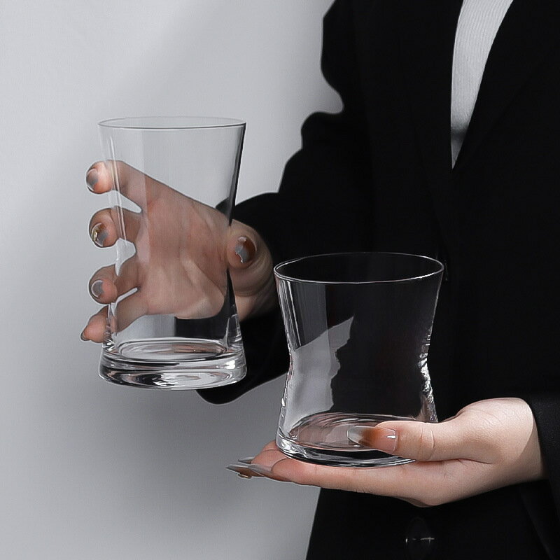 Wine Glasses - ガラスコップ タンブラー くびれ グラス おしゃれ 持ちやすい 結露しにくい ウィスキー ハイボール ビール ジュース お茶 来客用 モダン ミニマル 薄肉 手吹き風 耐熱 食洗機対応 305ml+3