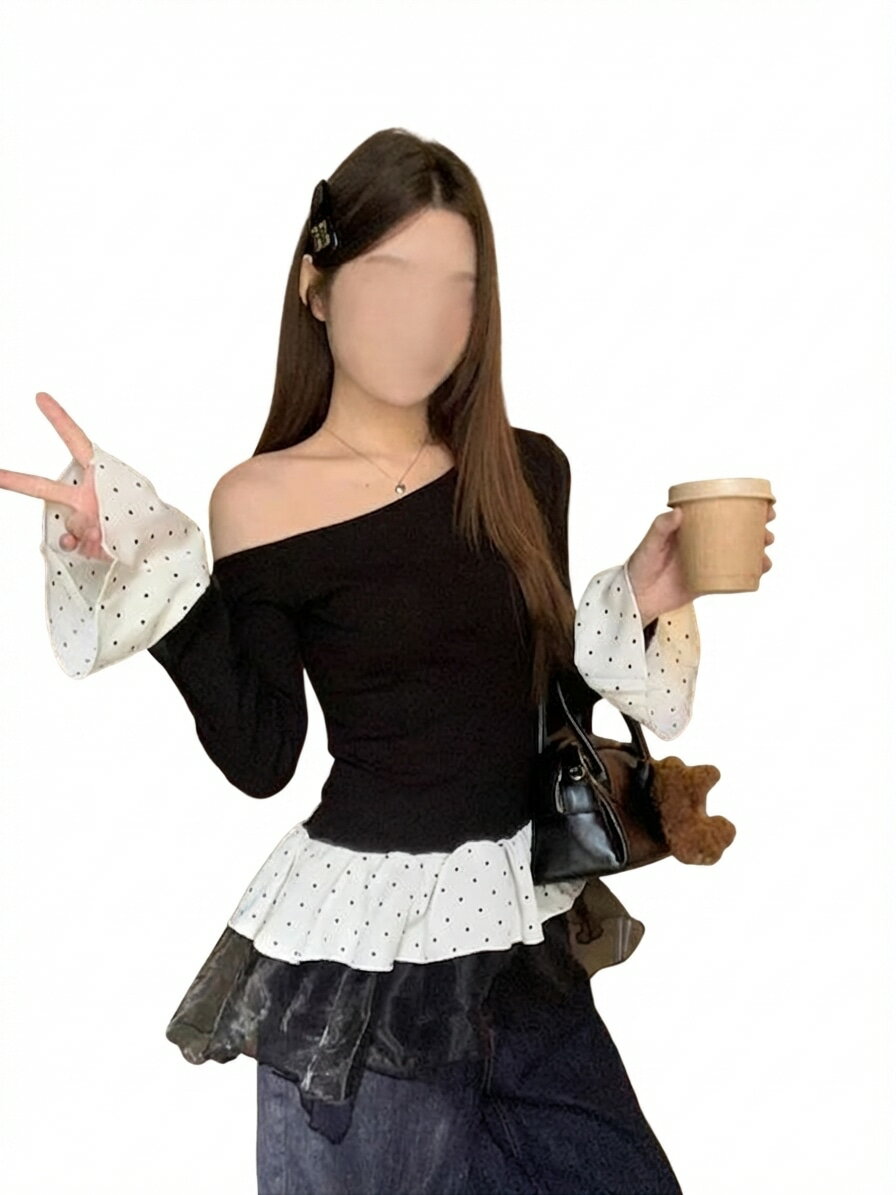 Rakuten - ワンショルダー トップス レディース 長袖 カットソー ドット柄 切り替え ぺプラム 裾フリル 斜め襟 セクシー タイト チュール 重ね着風 フェミニン 着痩せ 可愛い お出かけ デート 春 秋 カジ