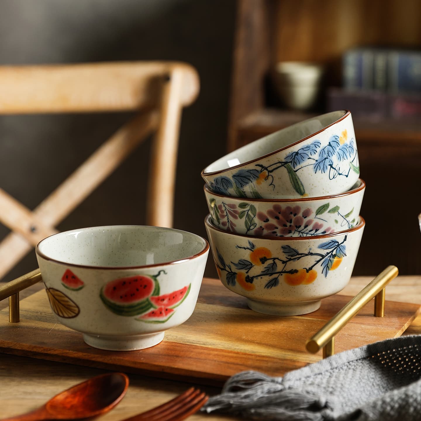 茶碗 5インチ お茶碗 食器セット 和風 レトロ フルーツ柄 手描き セラミック サラダボウル スープボウル 鉢 デザートボウル 磁器製 小鉢 ギフト おしゃれ かわいい アンティーク 器 飯碗 朝食
