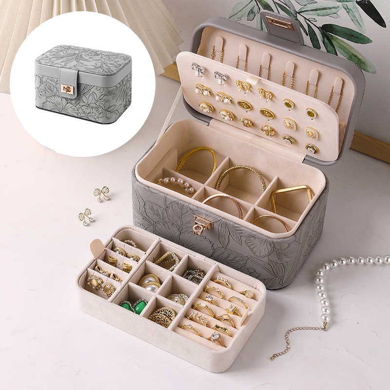 Accessories Supplies - ジュエリーボックス 大容量 アクセサリーケース 2段 鍵付き ピアス 収納 持ち運び 小物入れ エンボス加工 花柄 おしゃれ 可愛い 宝石箱 コンパクト 旅行 出張 ギフト プレゼント リング ネック